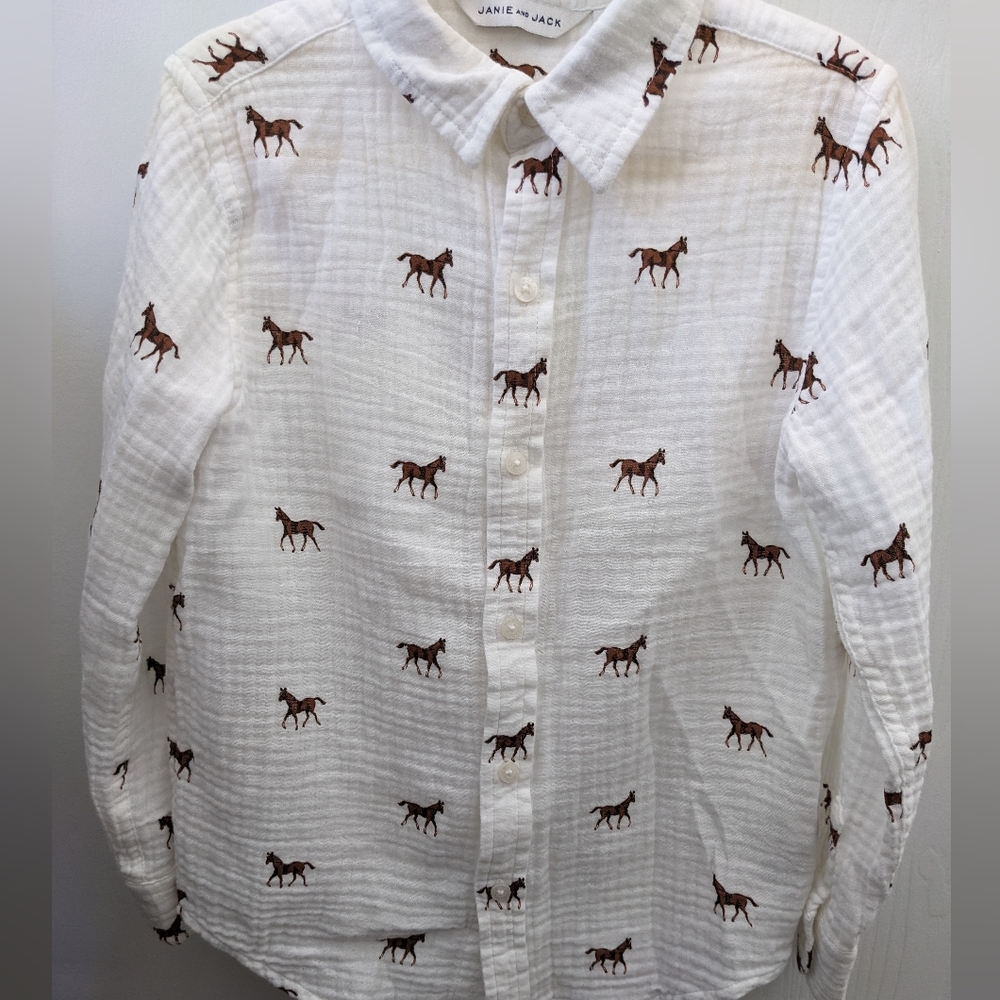 Janie and Jack White Shirt with Brown Horse Print